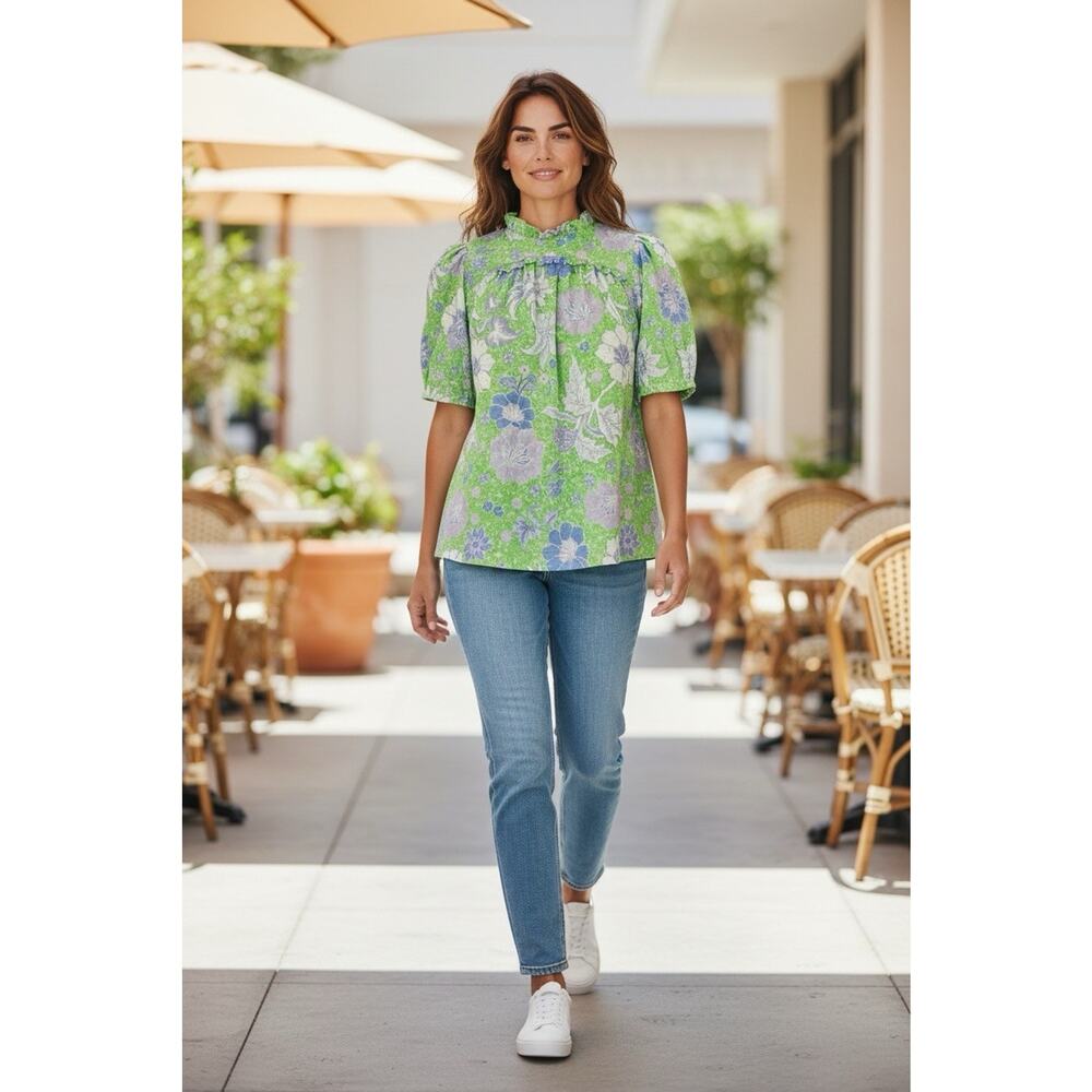 Joie Bright Green Floral Blouse Ruffle Flowy Career Casual Top size small - Picture 14 of 14